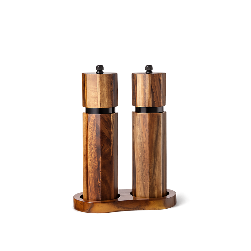 Wooden Salt Pepper Grinder Set-8" Teak Mills Adjustable Ceramic Core Refillable Wood Shakers Tray Spoon Brush Hand Operated