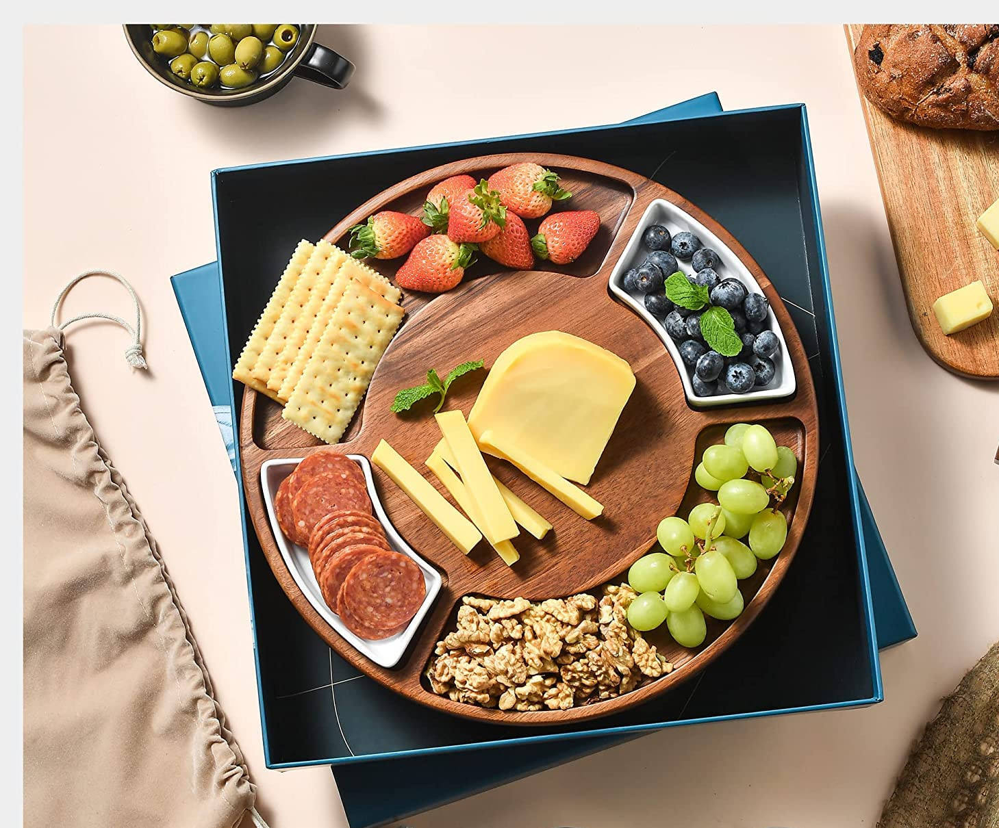 Acacia Cutting Board Wood Charcuterie Board Set and 3 Knives Utensil Set - Image 2